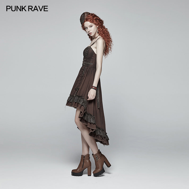 WQ-390 Steampunk Pleated Two-Layer Ruffled Hem High-Low Dress