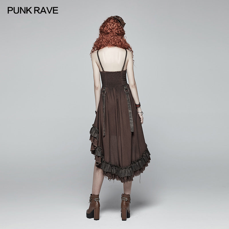 WQ-390 Steampunk Pleated Two-Layer Ruffled Hem High-Low Dress