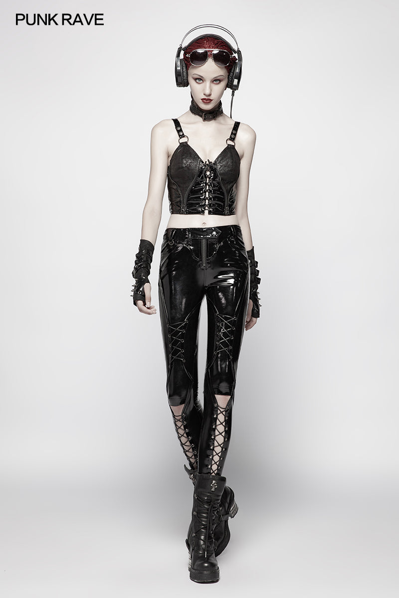 WK-343 Punk Pressure Adhesive Faux Leather Woven Trousers