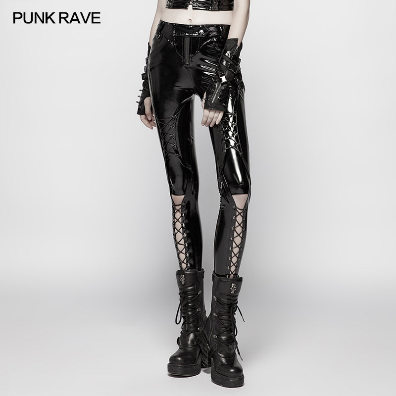 WK-343 Punk Pressure Adhesive Faux Leather Woven Trousers