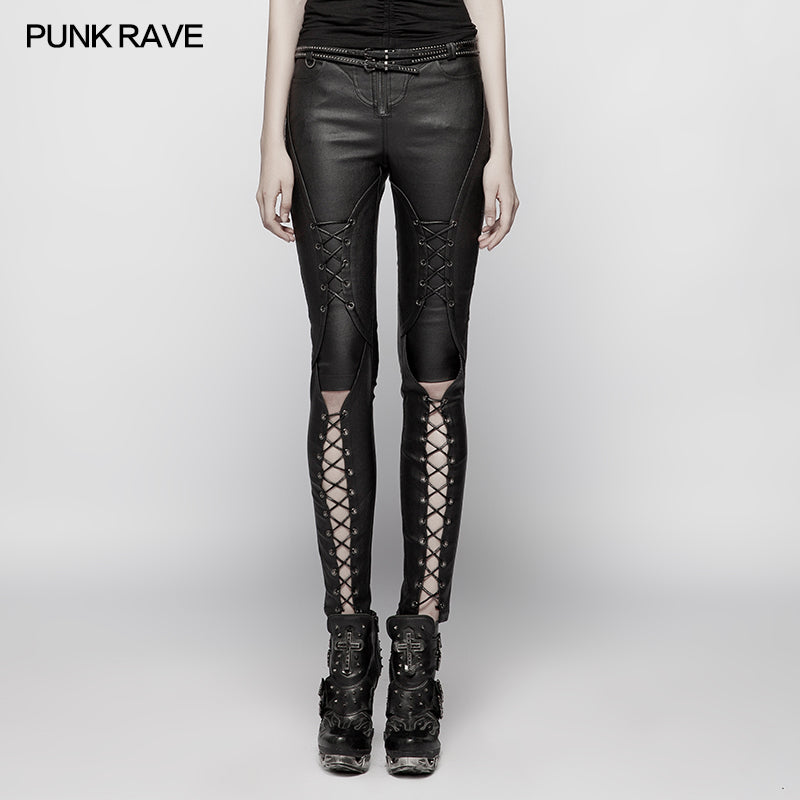 WK-343 Punk Pressure Adhesive Faux Leather Woven Trousers