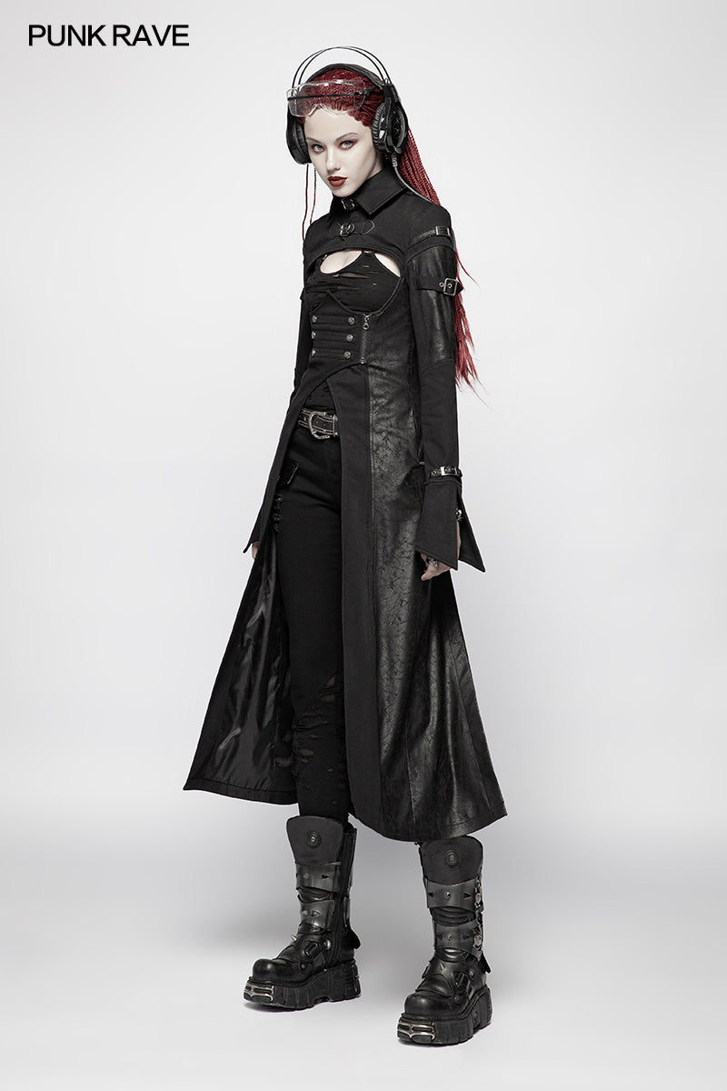 WY-981 Punk Futuristic Long Coat With Adjustable Drawstring Design