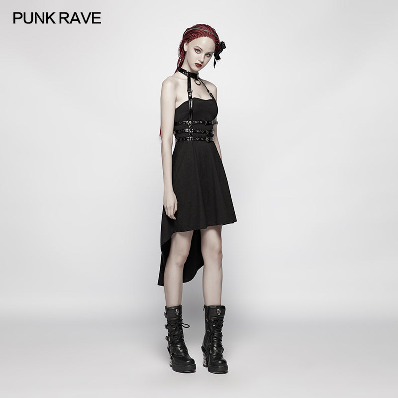 WQ-396 Dark Punk Halter Neck Spine Shaped High Low Dress