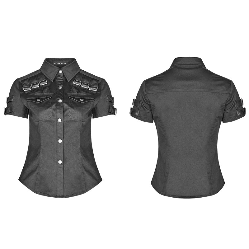 WY-954 Military Short Sleeve Shirt With PU Loop And Metal Adjustment Buckle Blouse