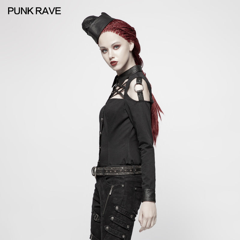 WY-979 Punk Cross Long Sleeve Hollow-out Shoulder Shirt