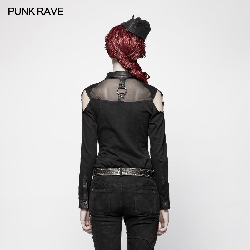 WY-979 Punk Cross Long Sleeve Hollow-out Shoulder Shirt