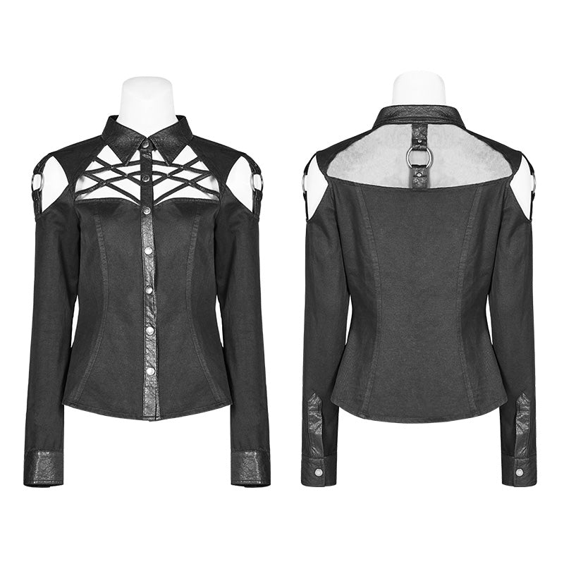 WY-979 Punk Cross Long Sleeve Hollow-out Shoulder Shirt