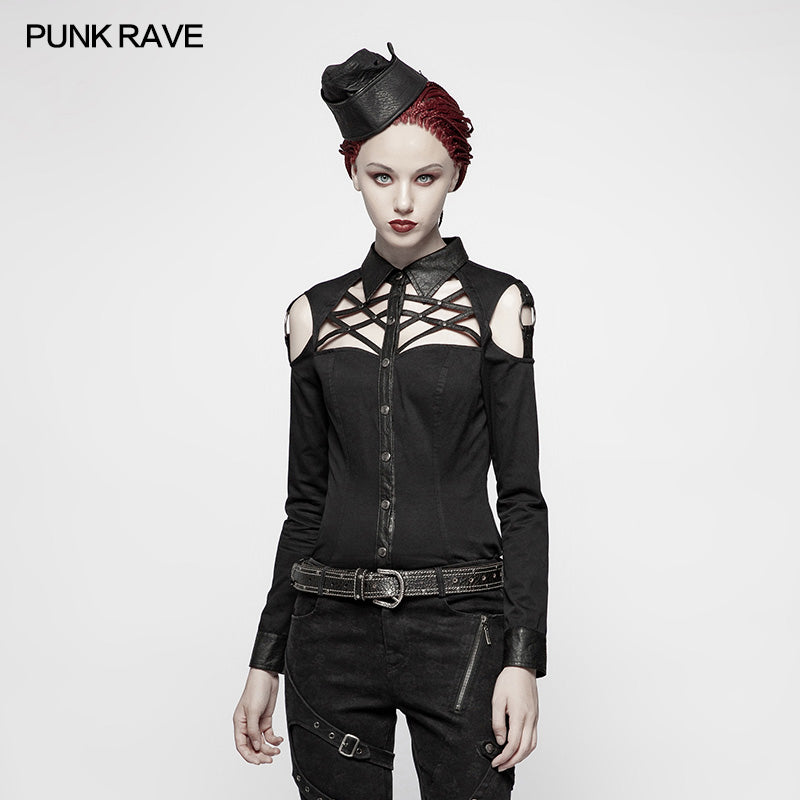 WY-979 Punk Cross Long Sleeve Hollow-out Shoulder Shirt