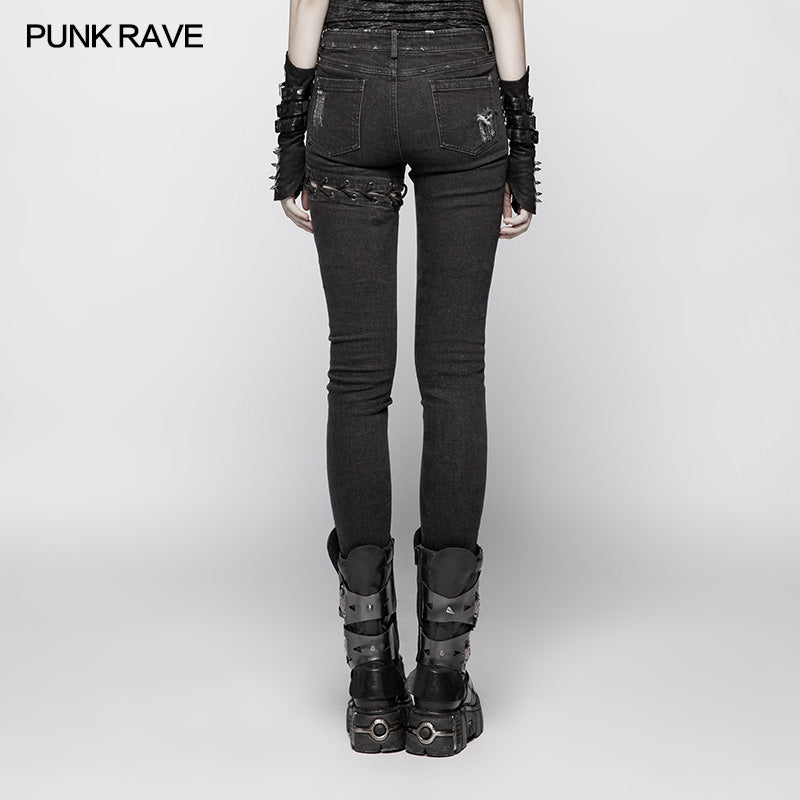 WK-349 Punk Denim Trousers Water-washed Long Jeans