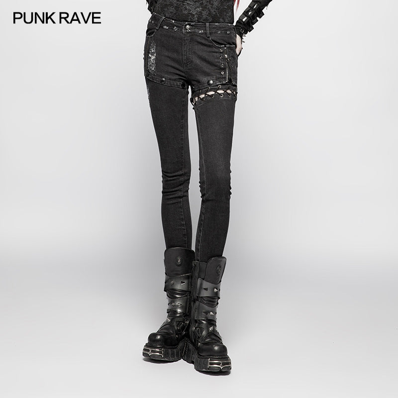 WK-349 Punk Denim Trousers Water-washed Long Jeans