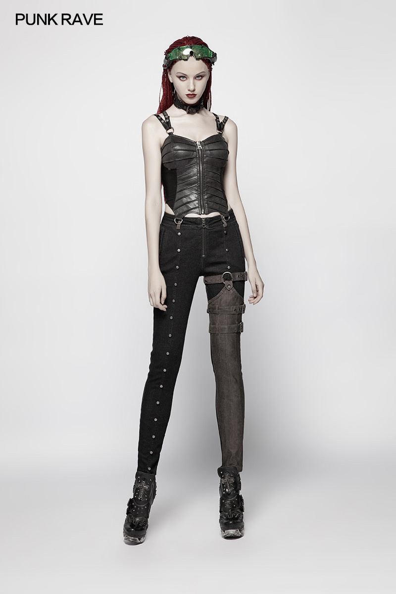 WK-348 Steampunk Micro-elastic  Contrasting Color Denim Trousers