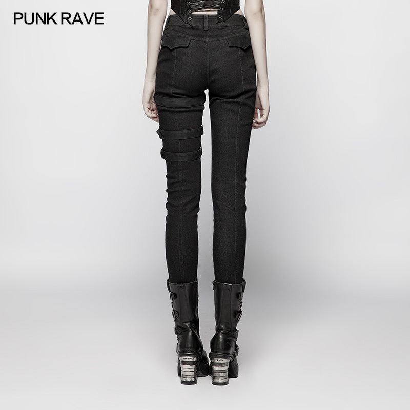 WK-348 Steampunk Micro-elastic  Contrasting Color Denim Trousers