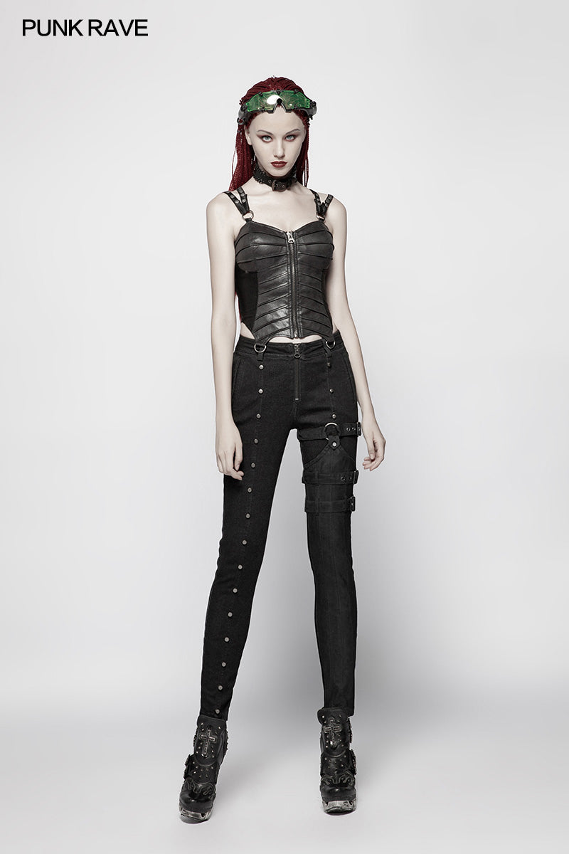 WK-348 Steampunk Micro-elastic  Contrasting Color Denim Trousers