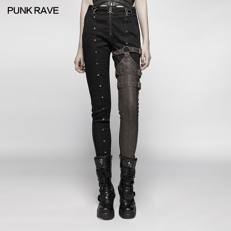 WK-348 Steampunk Micro-elastic  Contrasting Color Denim Trousers