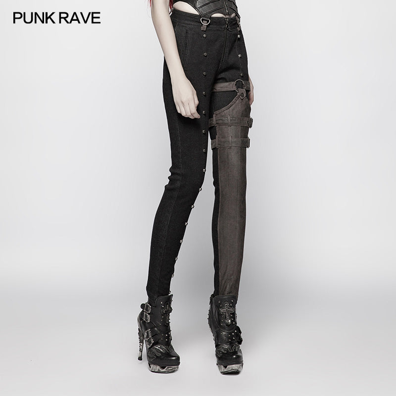 WK-348 Steampunk Micro-elastic  Contrasting Color Denim Trousers