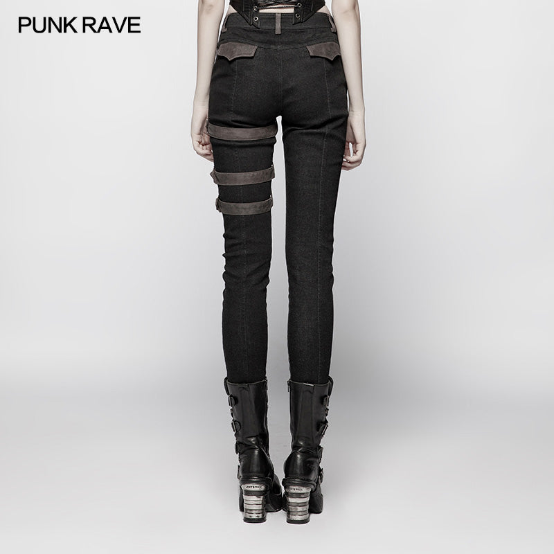 WK-348 Steampunk Micro-elastic  Contrasting Color Denim Trousers