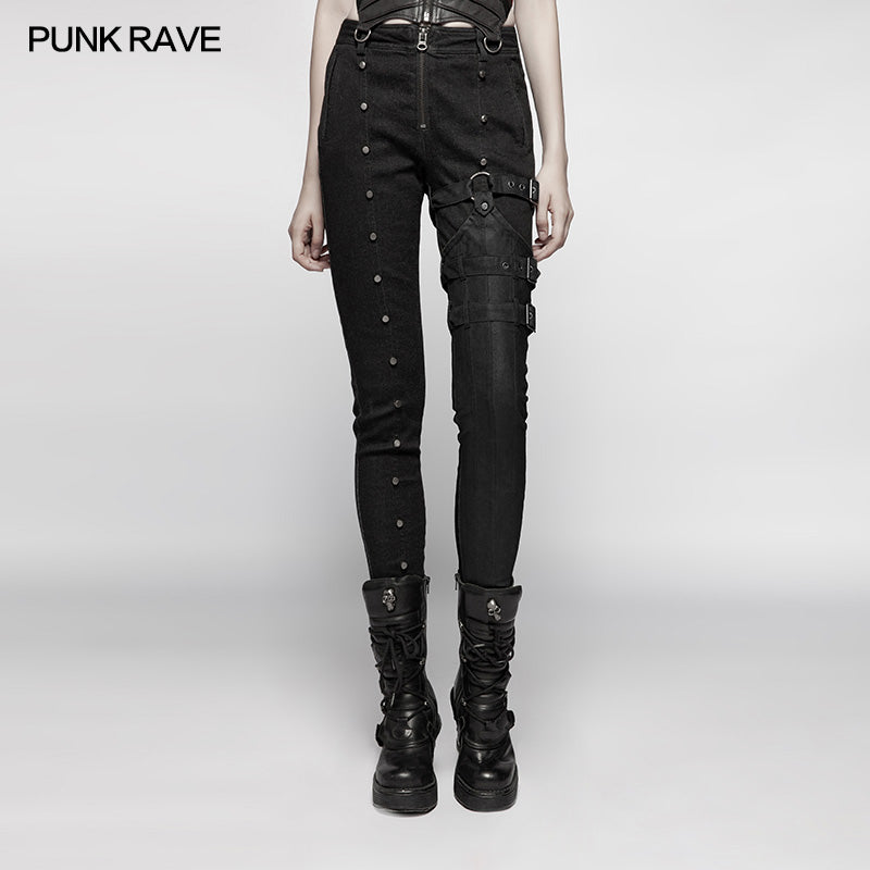 WK-348 Steampunk Micro-elastic  Contrasting Color Denim Trousers