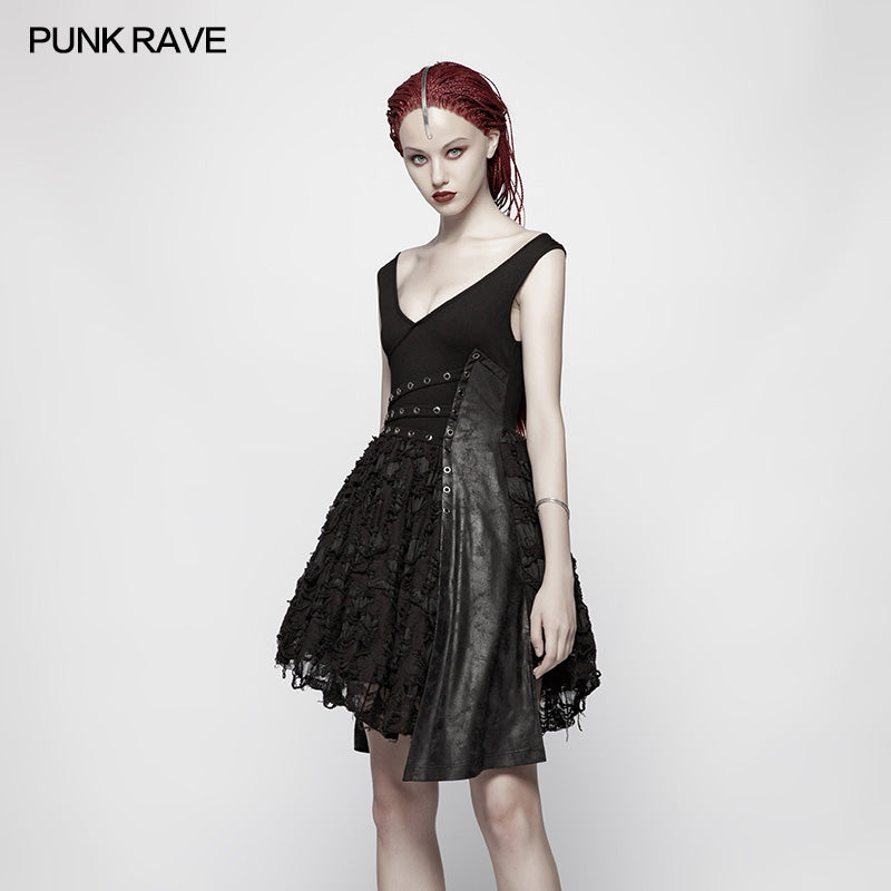 WQ-384 Punk Stretch Knitting Deep V Asymmetrical Dress