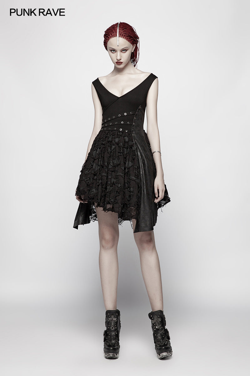 WQ-384 Punk Stretch Knitting Deep V Asymmetrical Dress