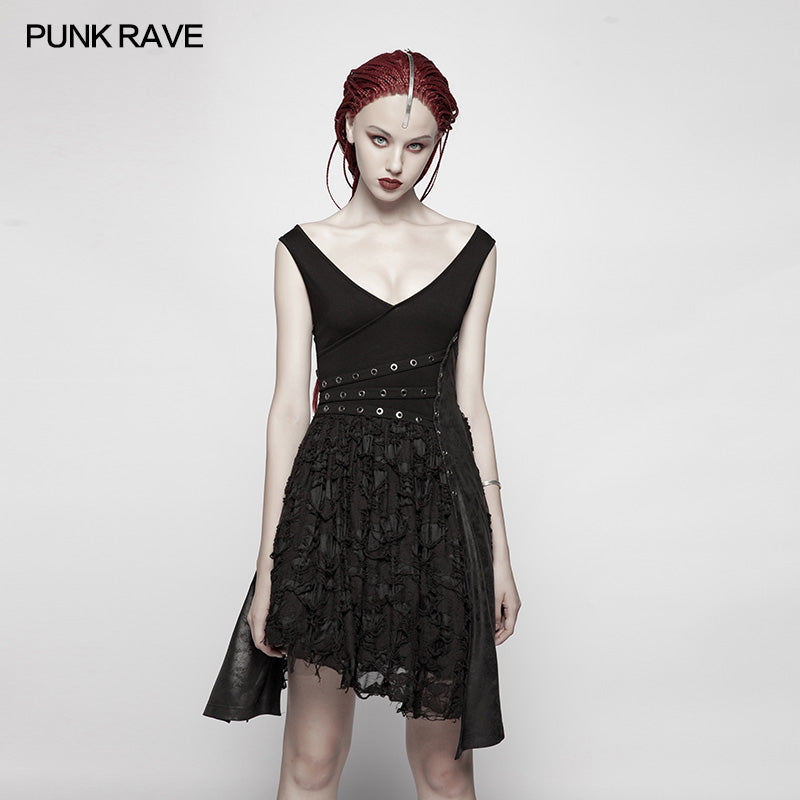 WQ-384 Punk Stretch Knitting Deep V Asymmetrical Dress