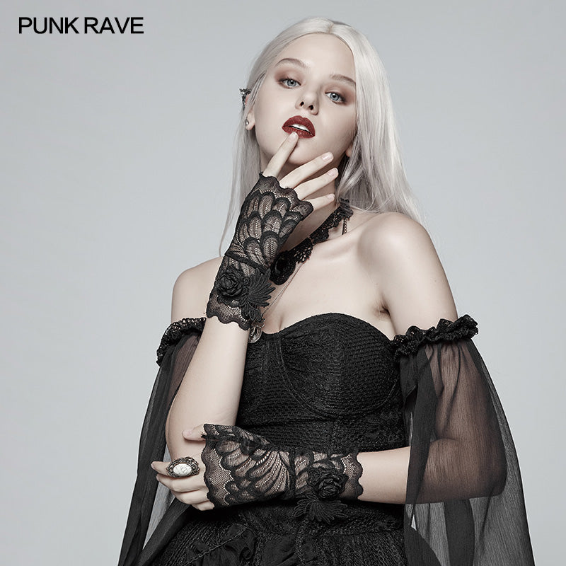 WS-285 Gothic black Lace Tulle Glove - One Pair