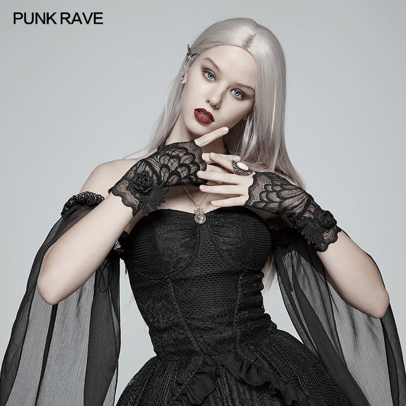 WS-285 Gothic black Lace Tulle Glove - One Pair