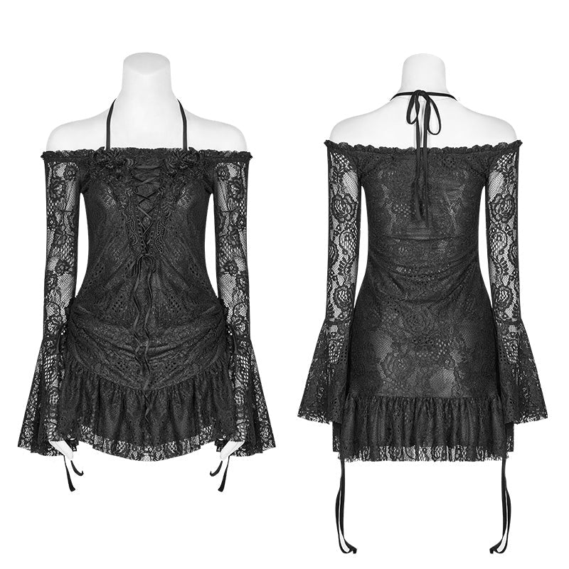 WT-552 Gothic Off Shoulder Halter Neck Horn Sleeves Lace Mini Shirt