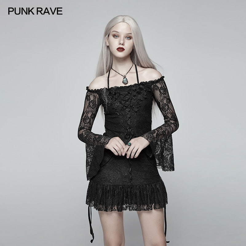 WT-552 Gothic Off Shoulder Halter Neck Horn Sleeves Lace Mini Shirt