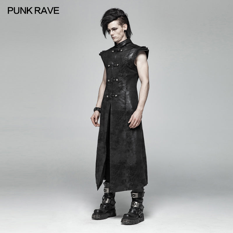 WY-1018 Punk Armor Long Vest Coat With  PU Leather Buckle