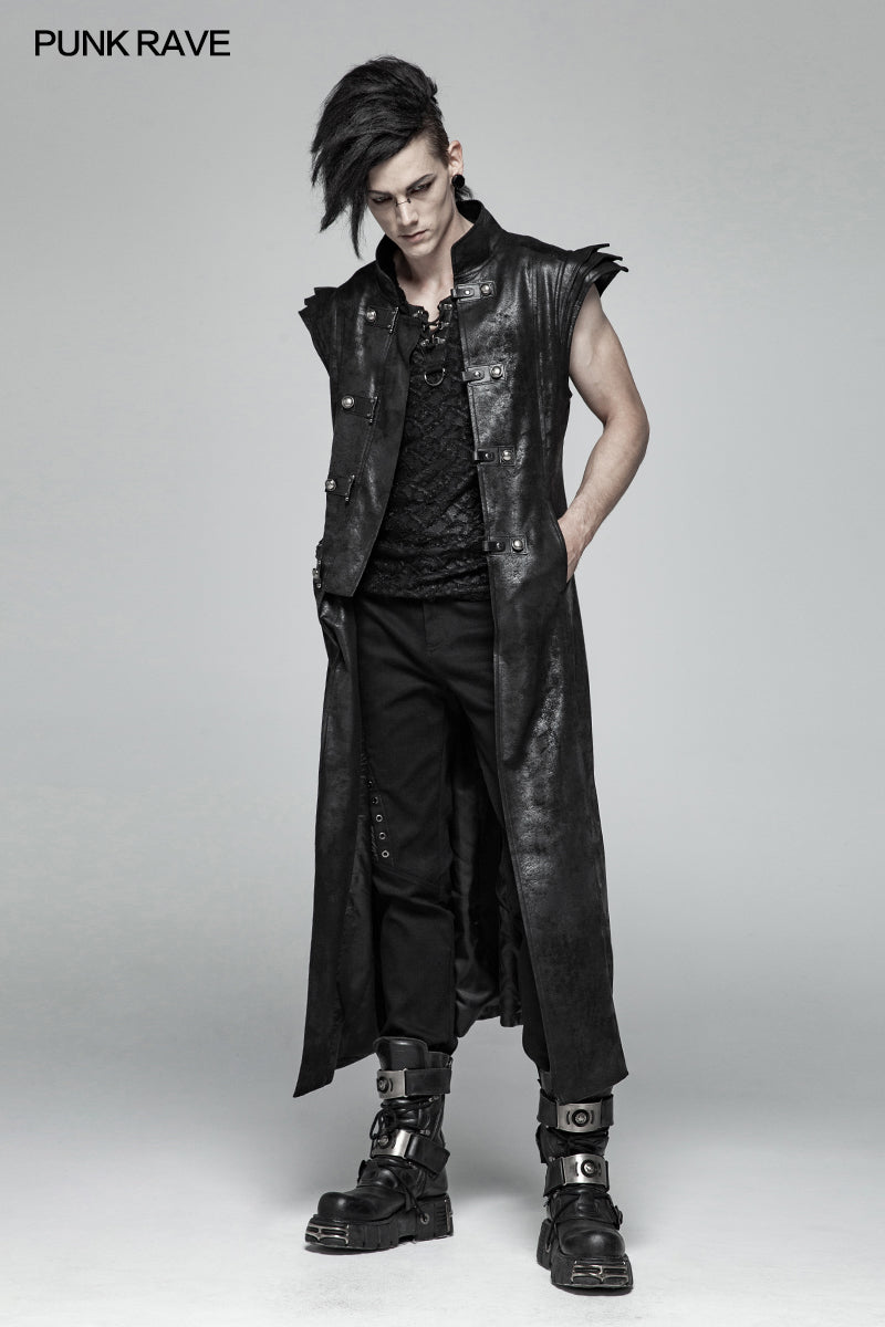 WY-1018 Punk Armor Long Vest Coat With  PU Leather Buckle