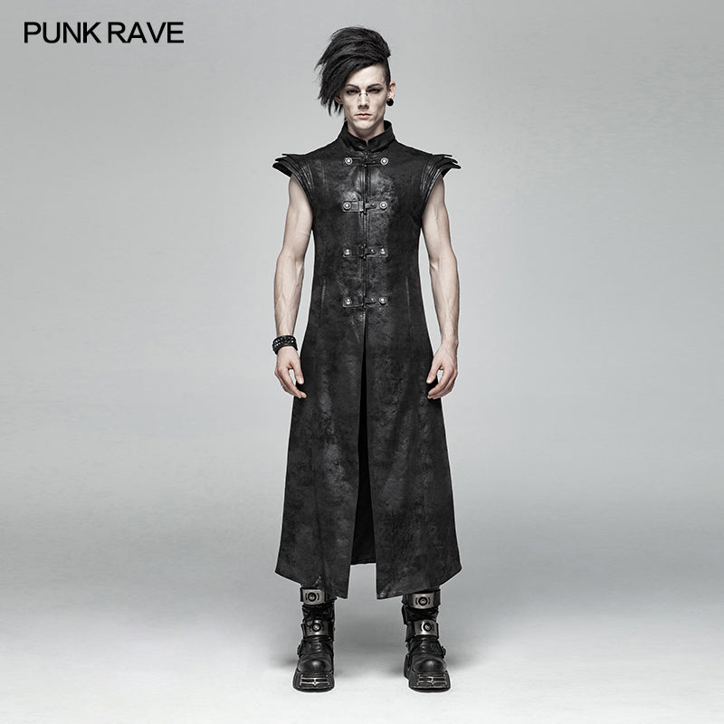 WY-1018 Punk Armor Long Vest Coat With  PU Leather Buckle