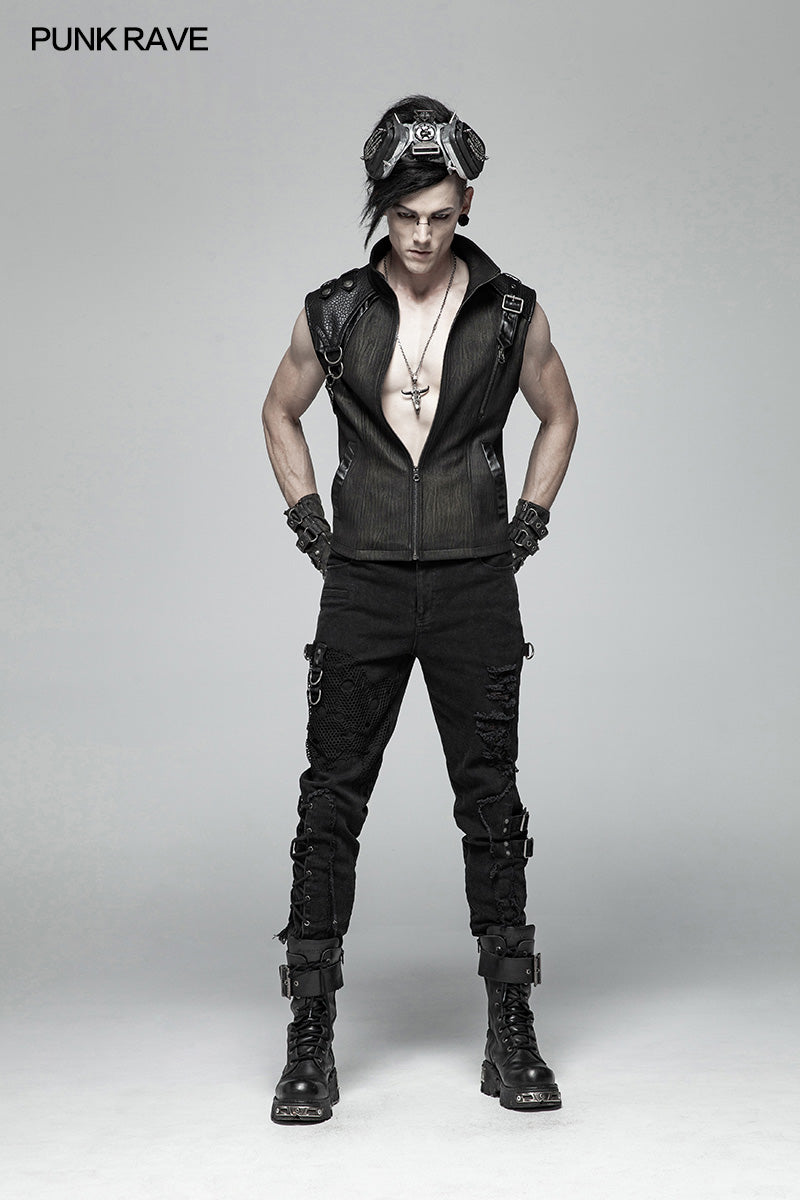 WY-1002 Handsome Punk Standing Collar Zipper Vest For Men