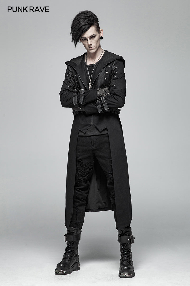 WY-1026 Men Punk Hooded Jacket Long Coat