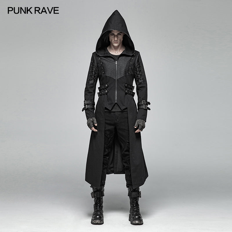 WY-1026 Men Punk Hooded Jacket Long Coat