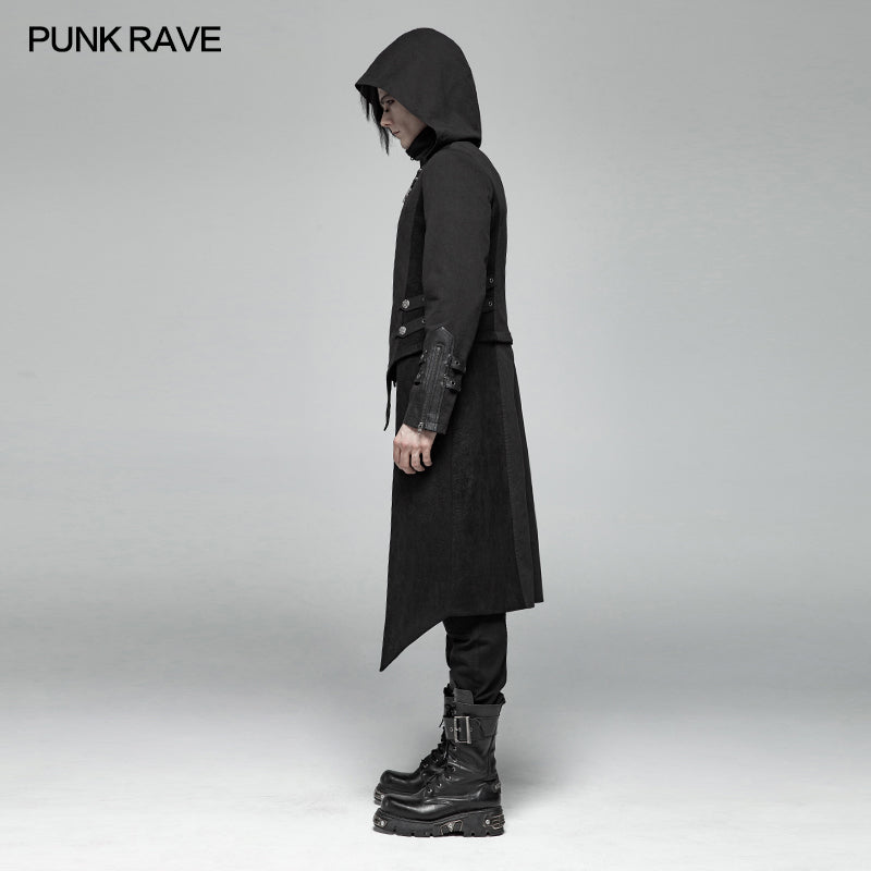 WY-1028 Men Punk Split Hooded Jacket Asymmetrical Long Trench Coat