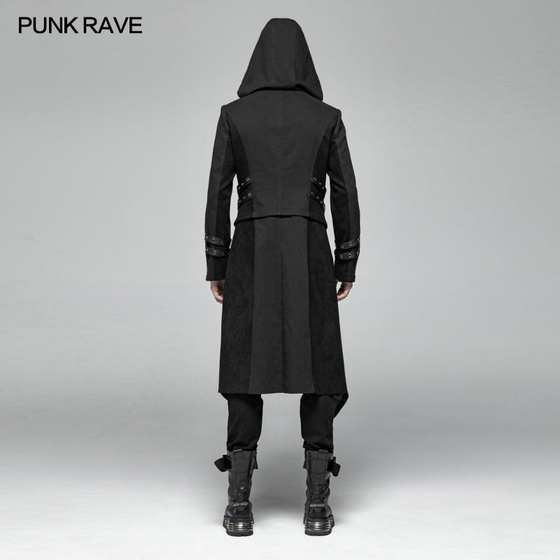 WY-1028 Men Punk Split Hooded Jacket Asymmetrical Long Trench Coat