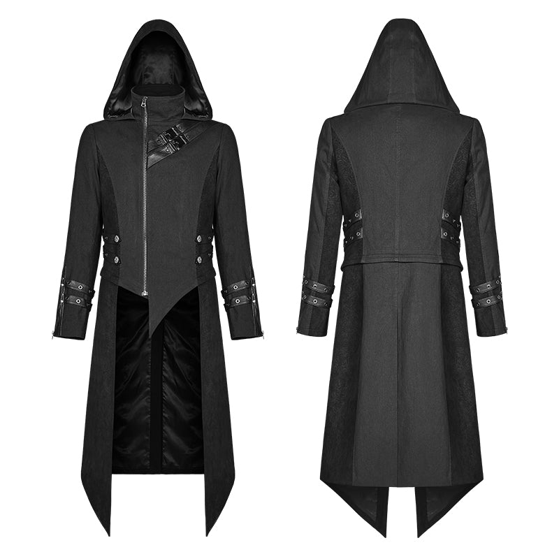 WY-1028 Men Punk Split Hooded Jacket Asymmetrical Long Trench Coat