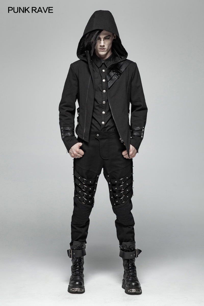 WY-1028 Men Punk Split Hooded Jacket Asymmetrical Long Trench Coat