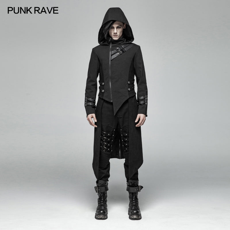 WY-1028 Men Punk Split Hooded Jacket Asymmetrical Long Trench Coat