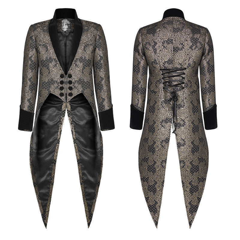 WY-1011 Gothic Medium Length Jacquard Jacket Lace-up Back Tailcoat