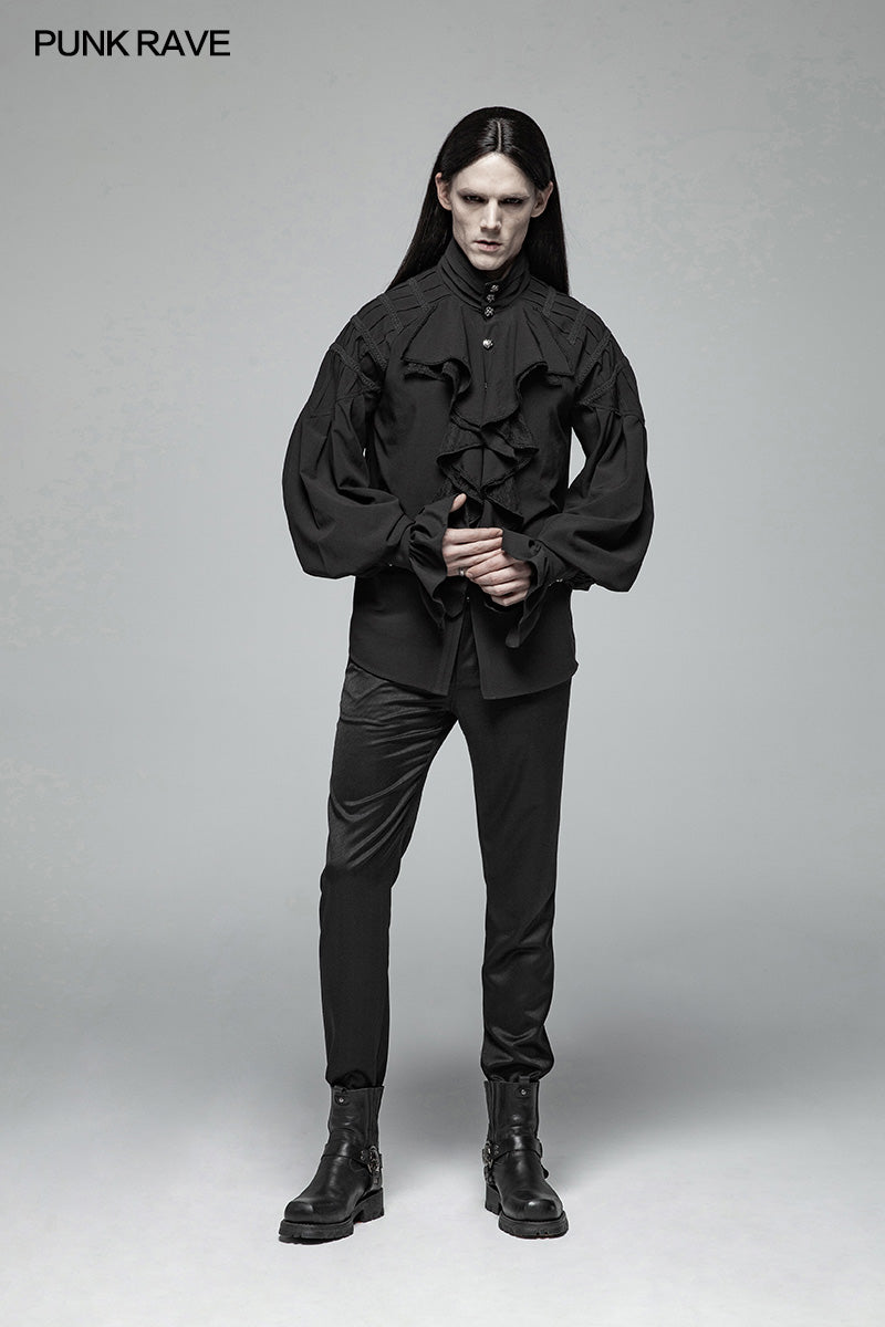 WY-991 Men Dark Victorian Standing Collar Loose Ruffle Long Sleeve Shirt