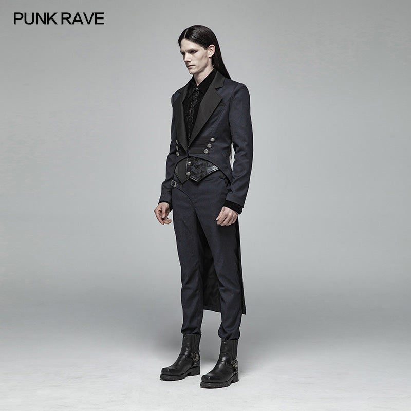 WY-993 Gentleman Punk Mid-length Coat V-neck Long Sleeve Tailcoat