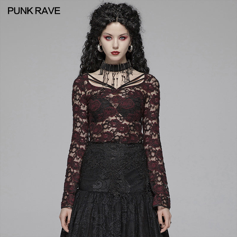 WT-573 Sexy Perspective Lace Gothic T-shirt For Women