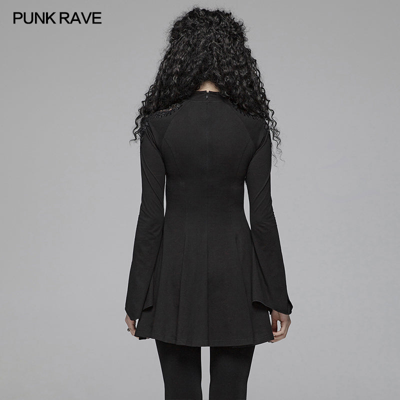 WQ-412 Gothic Women Hollow-out Collar Long Sleeve High Neck A-line Short Dress