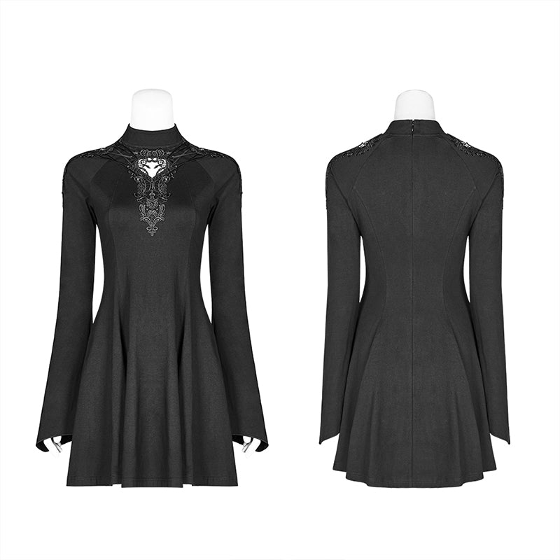 WQ-412 Gothic Women Hollow-out Collar Long Sleeve High Neck A-line Short Dress