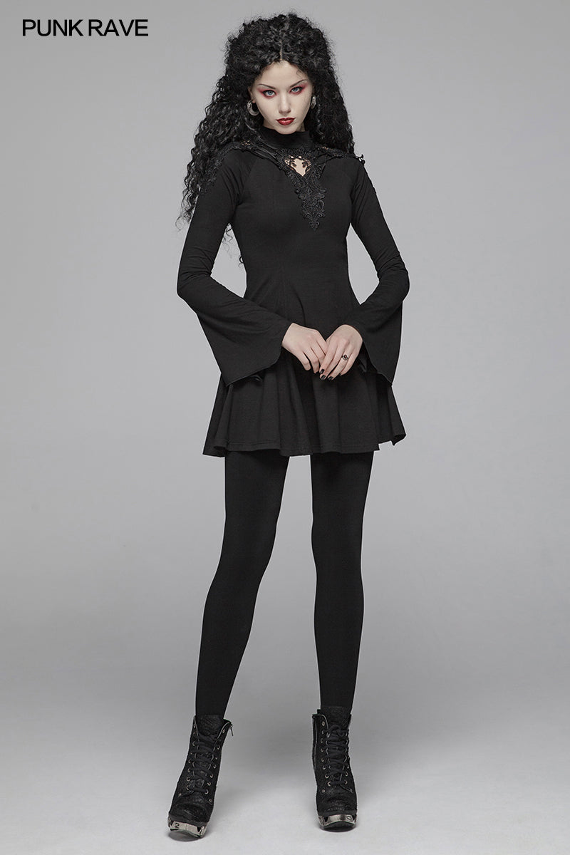 WQ-412 Gothic Women Hollow-out Collar Long Sleeve High Neck A-line Short Dress