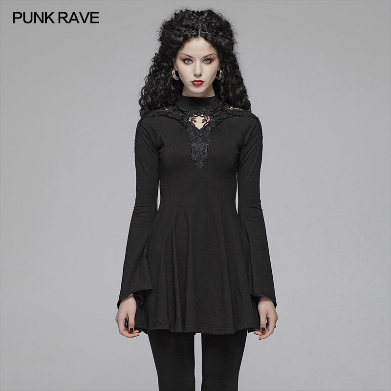 WQ-412 Gothic Women Hollow-out Collar Long Sleeve High Neck A-line Short Dress