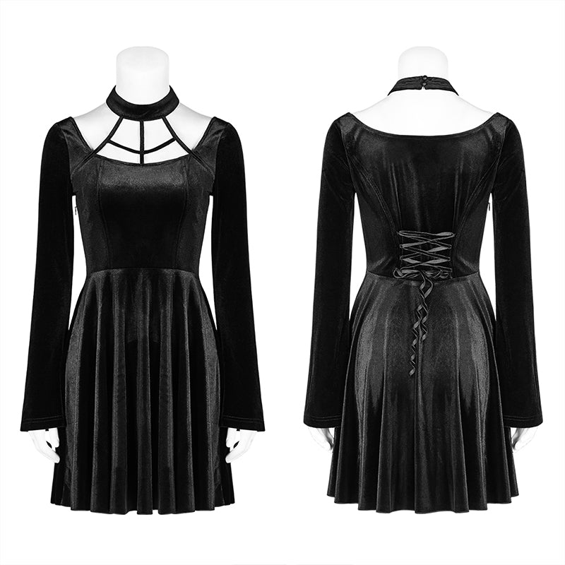 OQ-410LQF Gothic Daily Cross Halter-Neck Long Sleeve Velvet Short Dress For Women