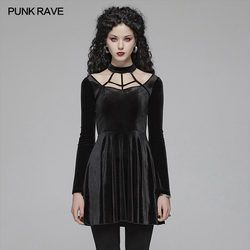 OQ-410LQF Gothic Daily Cross Halter-Neck Long Sleeve Velvet Short Dress For Women