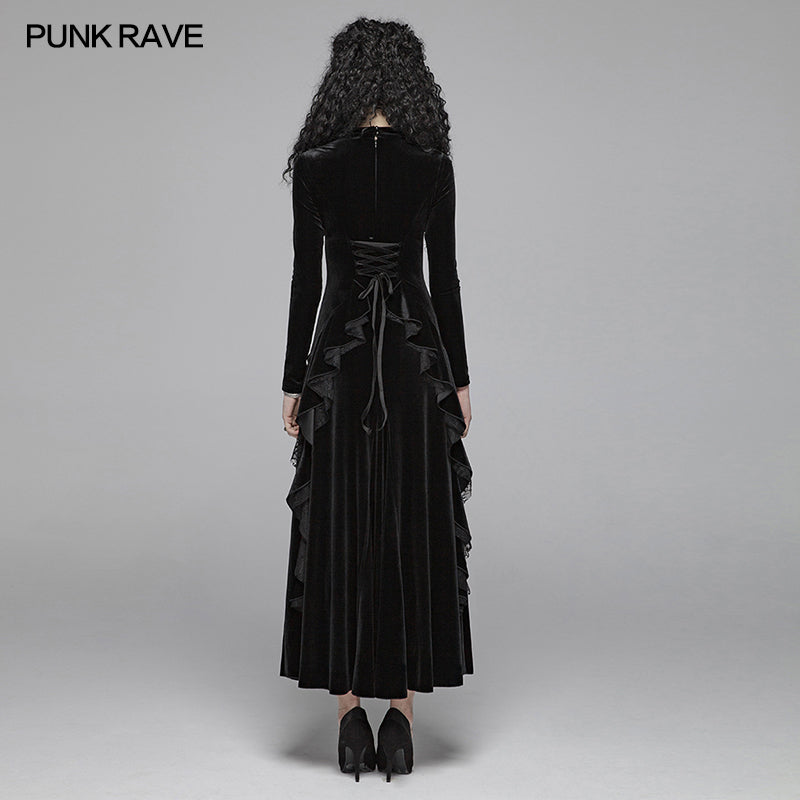 OQ-417 Gothic Daily Women Long Sleeve Velvet High-low Long Dress With Lace